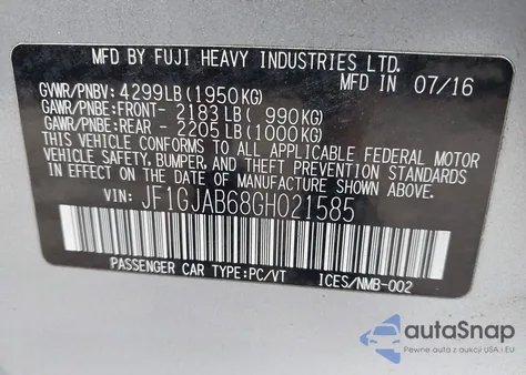 2016 Subaru Impreza 2.0I Premium from USA, damaged, VIN JF1GJAB68GH021585